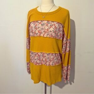 Boutique Oversized Floral Patchwork Waffle Knit Mustard Yellow Top by Heimish